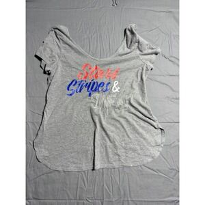 Be Inspired Graphic Tee Women L Gray Good Stars Stripes & Sweat V-Neck Flowy Top